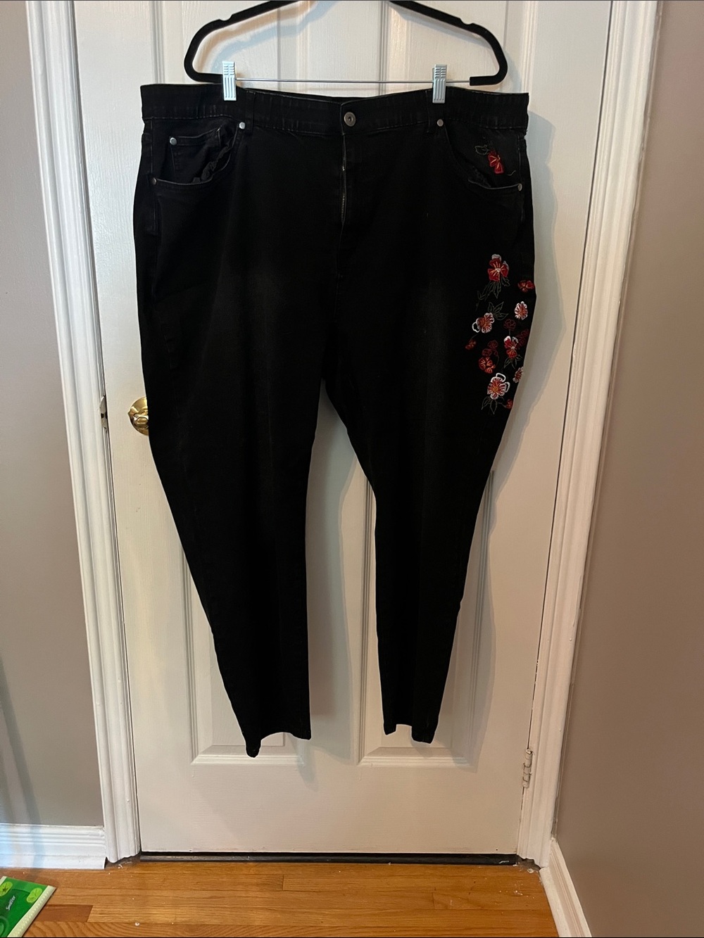 BloomChic Black Skinny Jeans with Red Floral Embroidery